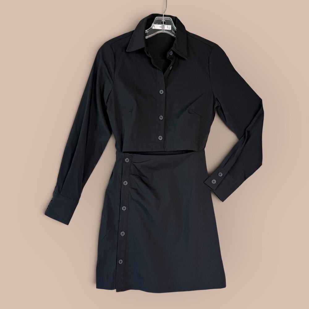 MNG MANGO Black Shirt Mini Dress Womens Size 2 Cut Out Button Front Long Sleeves